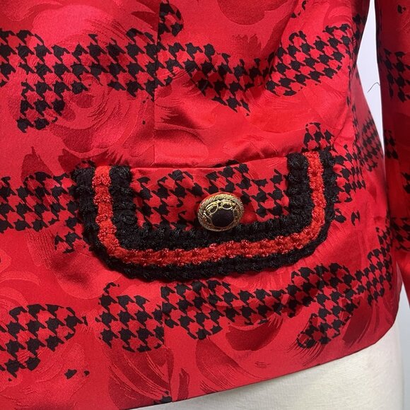 Vintage 80s Anne Crimmins Red & Black 100% Silk Blazer Business Jacket Size 12 - Picture 5 of 9